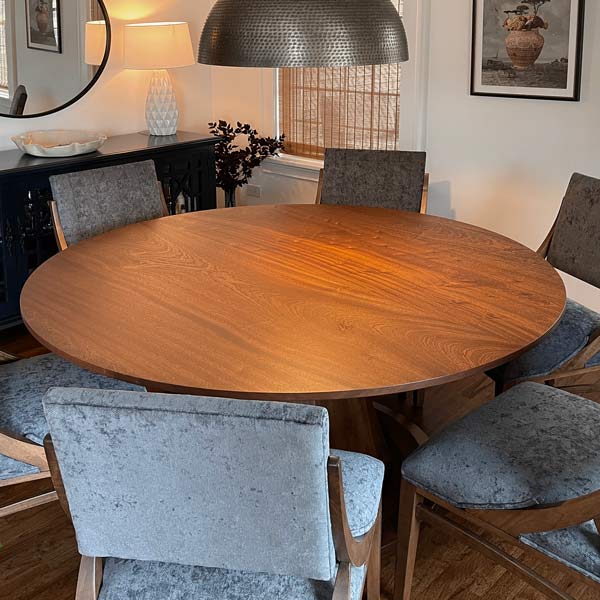 66" Diameter Solid Wood Sapele Round Dining Table with RH Yoder Korbyn Chairs