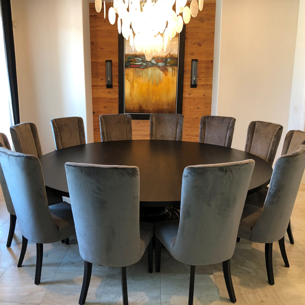 Large 102 inch diameter Sapele Mahogany dining table stained ebony
