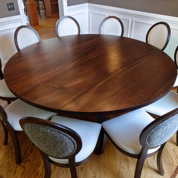 Large Diameter Round stained Sapele Mahogany Dining Table with RH Yoder Dawson chairs