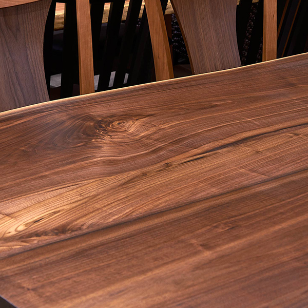 Black Walnut live edge dining table with RH Yoder Benjamin Side Chairs at our Table Showroom