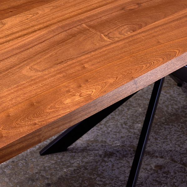 Sapele Mahogany Rectangle solid wood wide plank dining table with spider base at the Spiritcraft Furniture Table Showroom