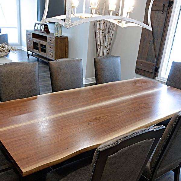 Genuine Leather Bow River Dining Chairs by RH Yoder with Black Walnut Live Edge Table in Chicago Area, Illinois Residence
