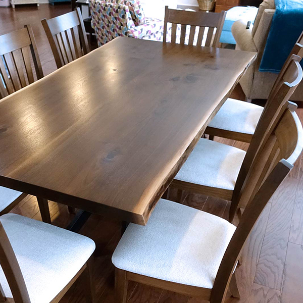 RH Yoder Marbury Side Chairs with Walnut Live Edge Dining Table from Spiritcraft Furniture of Dundee, Illinois