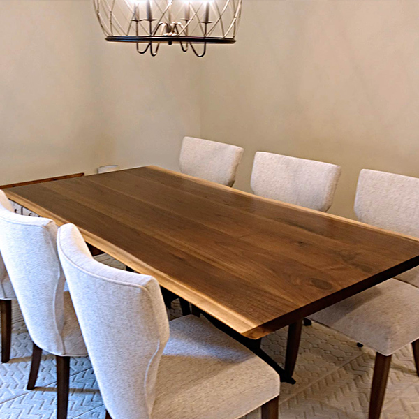 RH Yoder Roosevelt Upholstered Dining Chairs with Custom Live Edge Table from Spiritcraft Furniture, Dundee, IL