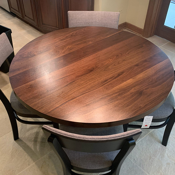 60 inch Walnut Table with RH Yoder Emerson Dining Chairs in Stained Brown Hard Maple in Chicago Home