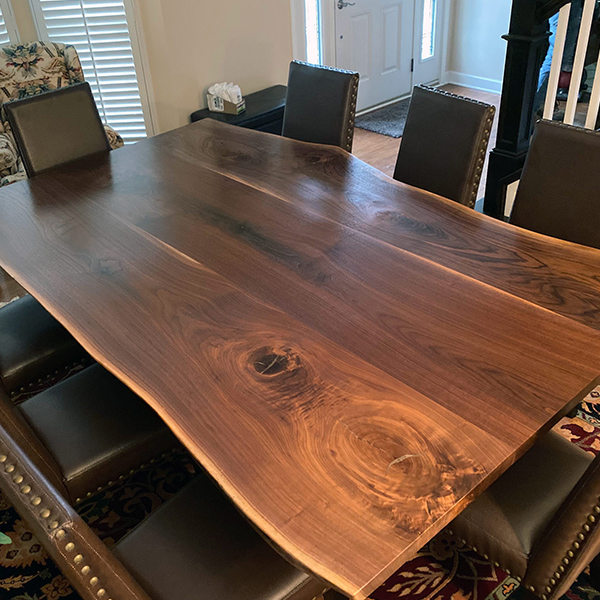 RH Yoder Bow River Fully Upholstered Dining Chairs in Stained Brown Maple with Ultraleather in Road with Black Walnut Live Edge Table from Spiritcraft Furniture of Dundee, Illinois