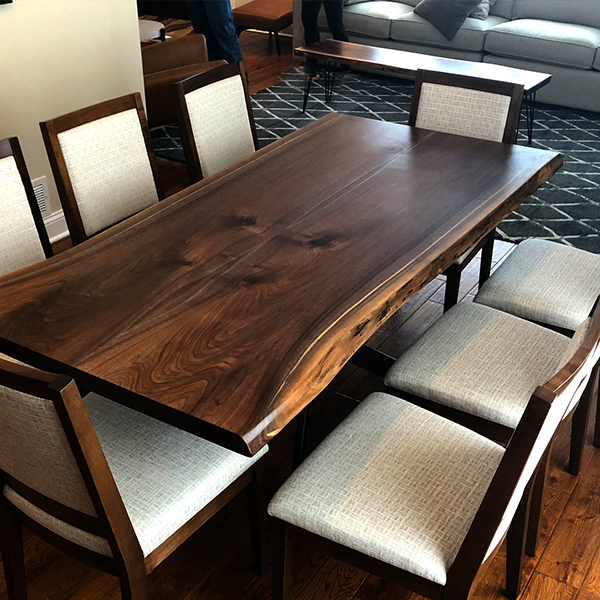 RH Yoder Wescott Side Chairs in Brown Hard Maple, Stained to Match Live Edge Walnut Dining Table in Chicago Area, Illinois
