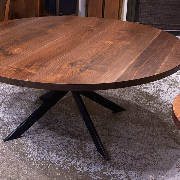 Round 72 inch Black Walnut Conference Table on Welded Steel Spider Base Handcrafted in the Chicago Area by Spiritcraft Furniture, East Dundee, Illinois.