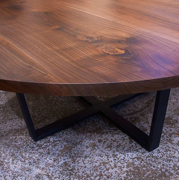 72 inch Round Black Walnut Hardwood Conference Table on Crossed Trapezoid Steel Base Can Seat Eight - Handcrafted in East Dundee, Illinois.