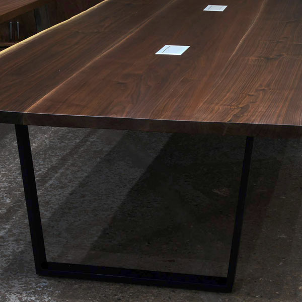 Black Walnut Natural Edge Slab Conference Table with Steel Trapezoid Legs and Two Mockett Power and Data Grommets