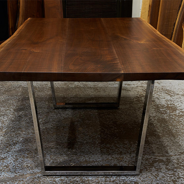 Live Edge Walnut Conference Table from Stunning Kiln Dried Slabs with Polished Stainless Steel Trapezoid Legs