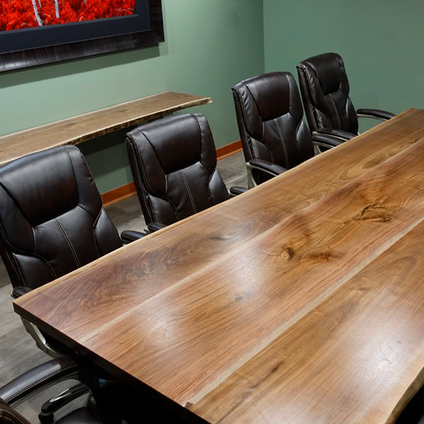 Black Walnut Live Edge Slab Conference Table with Steel Trapezoid Legs for Chicago Area Office Installation