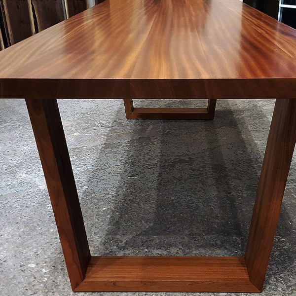 Sapele Mahogany Slab Conference Table with Modern Mitered and Splined Heirloom Quality Trapezoid Legs for Chicago Corporate Office