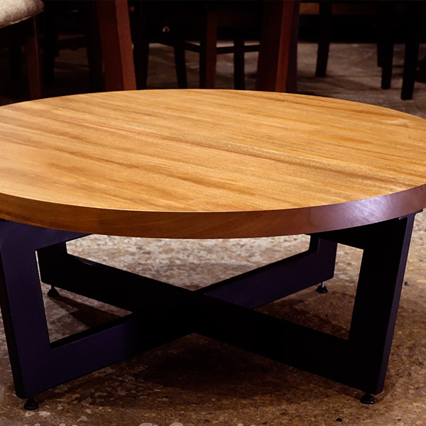 40 inch Diameter Round African Mahogany Custom Coffee Table with Vertical Cross Trapezoid Base