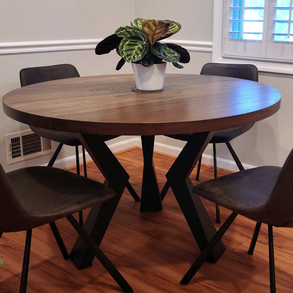 Round Solid Wood Dining Table Top in Walnut with Our Original Geometric Knee Legs for Washington DC Client