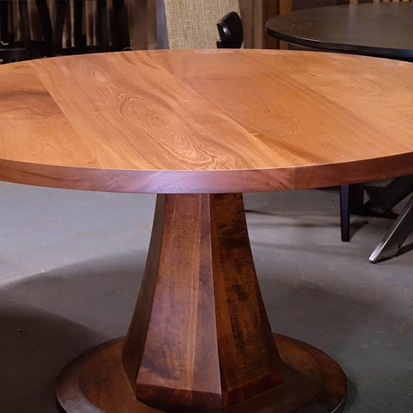 Enduring Quality, a Wide Plank Style Solid Wood 60 Inch Round Sapele Mahogany Dining Table Top with Our Exclusive Sasha Pedestal Base