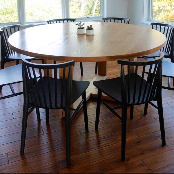 66&#34; Diameter Round White Oak Dining Table with Solid Wood Cross Trapezoid Base for Michigan Lakeshore Interior Designer Client by Spiritcraft Furniture in Chicago, Illinois.