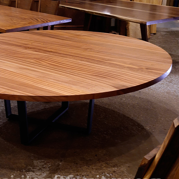 84 inch Diameter Round Ribbonstripe Sapele Mahogany Dining Table, Clear Coated in 2k Poly, Shown with Steel Cross Trapezoid Base