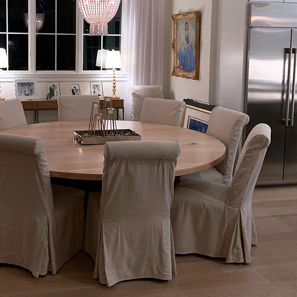 White Hard Maple Custom 87" Diameter Round Dining Table with Knee Legs in New York Metro Open Concept Home