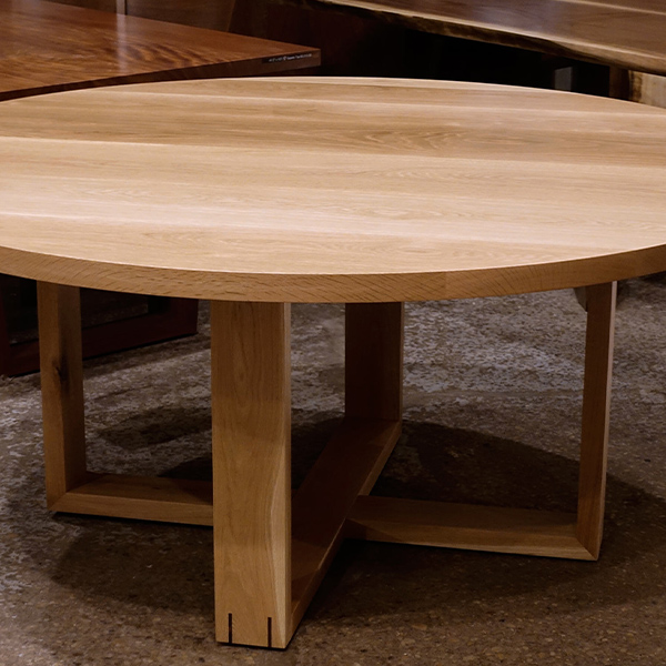 White Oak 66 inch Diameter Dining Table with Mitered Solid Wood Cross Base for Lake Michigan Lakeshore Residence