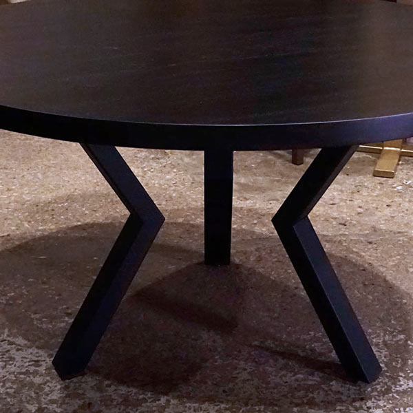54 inch Diameter Round Ebonized African Mahogany Dining Table, Milesi Matte Finish Shown with Steel Tube Style Knee Legs