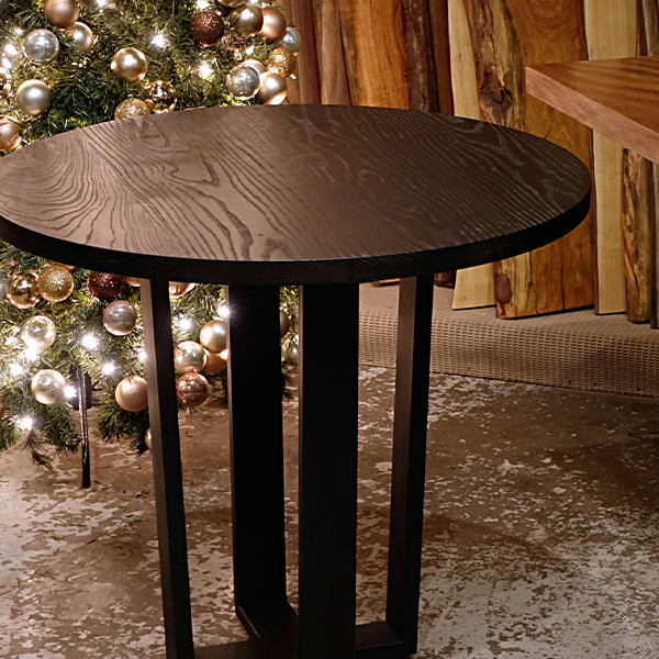 36 inch Ebonized Ash Round Dining, Kitchen or Cafe Table shown with Custom Sized Flat Black Steel Cross Trapezoid Base