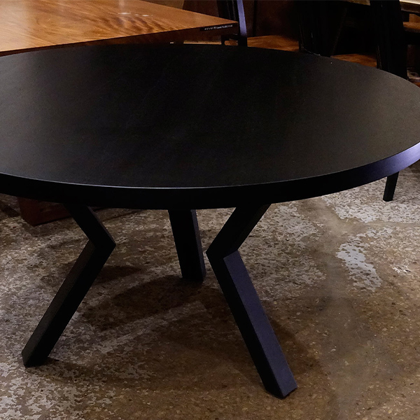 Round Solid Wood Dining Table Top in Ebonized Sapele Mahogany with Tube Style Knee Legs for New York Client