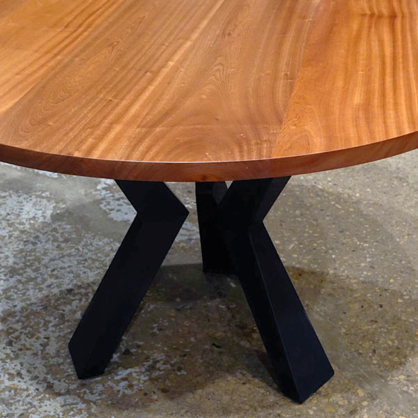 Ribbonstripe Sapele Mahogany Table with Custom Steel Plate Knee Legs for Arizona Client