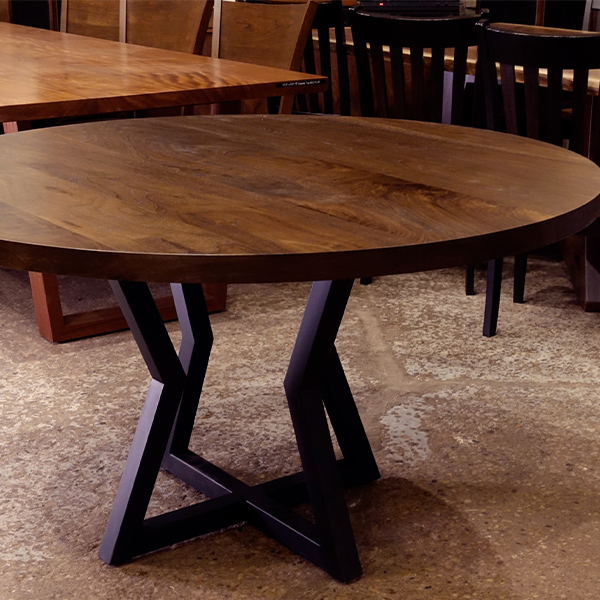 Solid Walnut 54 inch Round Dining Table shown with Custom Sized Flat Black Steel Hourglass Base