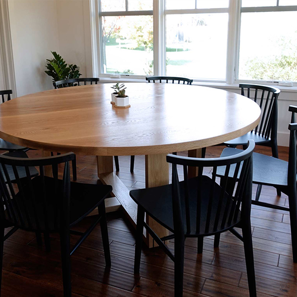 66 inch Round White Oak Dining Table on Custom Made Solid Wood Cross Style Base for St. Joseph, MI Client
