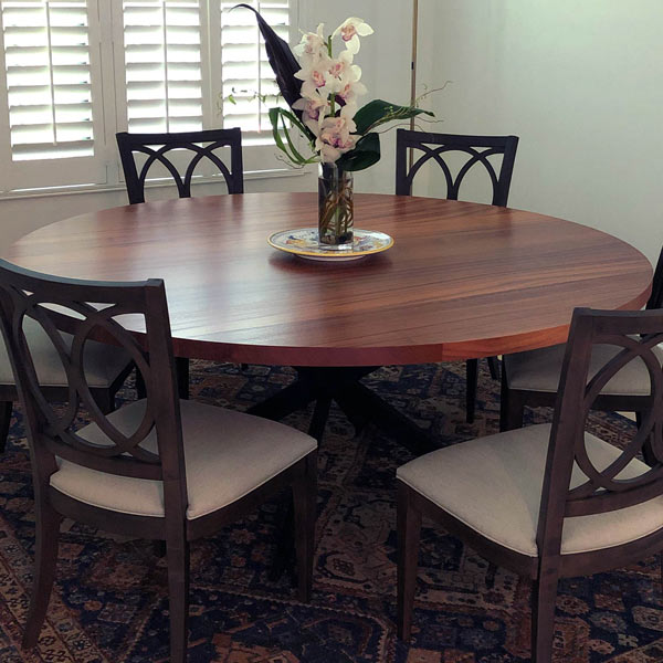 Ribbon Sapele Mahogany 72 inch Round Dining Table with Spider Base for Sarasota, FL Client