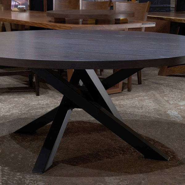 72 inch Round Ash Dining Table, Stained Grey with Steel Modern Art Base for Houston, TX Client