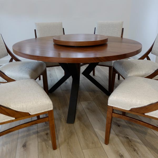 60&#34; Diameter Round Sapele Mahogany Dining Table with Custom Lazy Susan and RH Yoder Korbyn Chairs by Spiritcraft Furniture in East Dundee, Illinois.