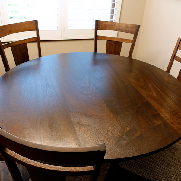 Custom Made 66 inch Round Sapele Mahogany Dining Table with RH Yoder Livingston Side Chairs