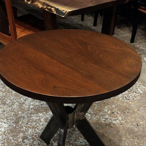 Custom Stained Sapele Mahogany Round Table on 3 leg Spider Base for Suburban Chicago Area Client
