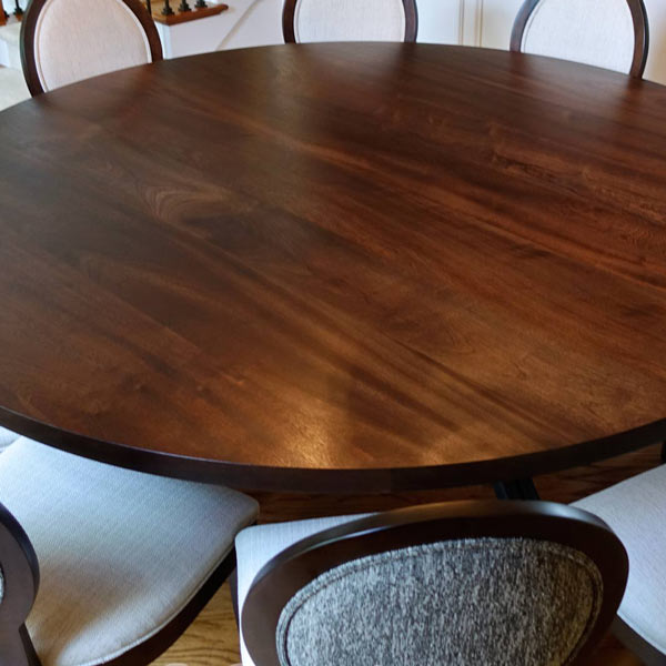 84 Inch Diameter Solid Wood Sapele Mahogany Dining Table with Double Arc Legs and Dawson Side Chairs by RH Yoder
