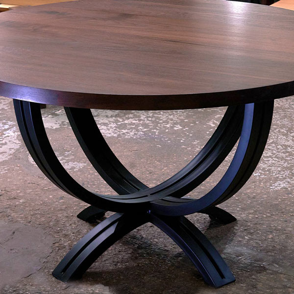 Custom Made Steel Double Arc Base with Round Walnut Solid Wood Dining Table Top