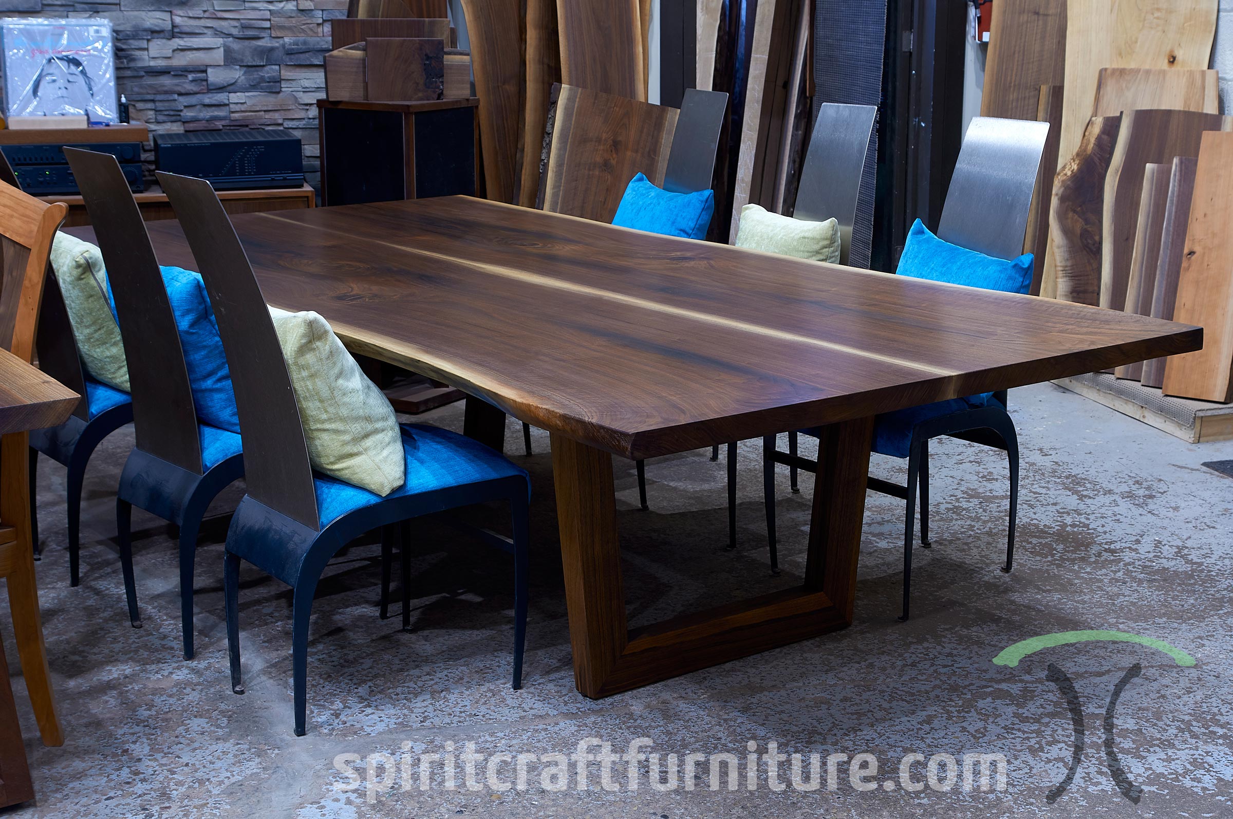 Live Edge Black Walnut dining table with spider base for California area client by Spiritcraft Furniture in East Dundee, Illinois.