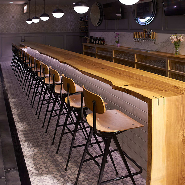 Live Edge Ash Commercial Bar Top, 40 Feet Long in Edge Matched Sections with Waterfall for Hospitality, Brew Pub Client