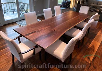 Long Walnut Live Edge Table in Open Concept Dining Area with Spider Base in Chicago Suburbs, Illinois