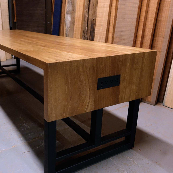 African Mahogany Double Partial Waterfall Table with Power and Data for Hotel Business Center and Hospitality Developer by spiritcraft furniture in east dundee, il