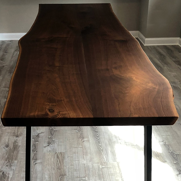 120 inch Black Walnut Bar Height Live Edge Dining Table for Chicago Area Client, Shown with 1 inch by 3 inch U-Shaped Steel Legs