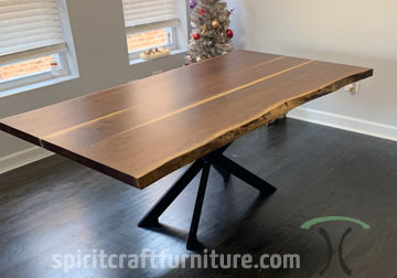 Live Edge Black Walnut dining table with spider base for Chicago area client by Spiritcraft Furniture in East Dundee, Illinois.