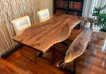 Custom Made Live Edge Dining Table Crafted from Three Slabs of the Same Tree with Matching Bench - Natural, Organic Design