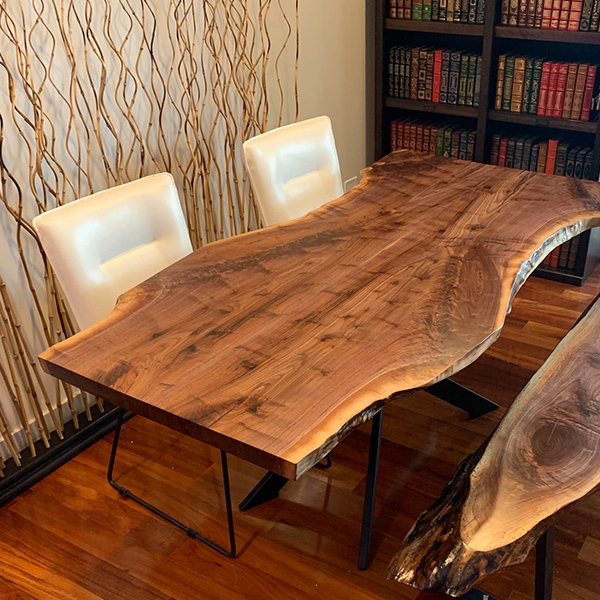 Custom Made Live Edge Dining Table Crafted from Three Slabs of the Same Tree with Spider Base and Matching Bench - Heirloom Quality with a Natural, Organic Design