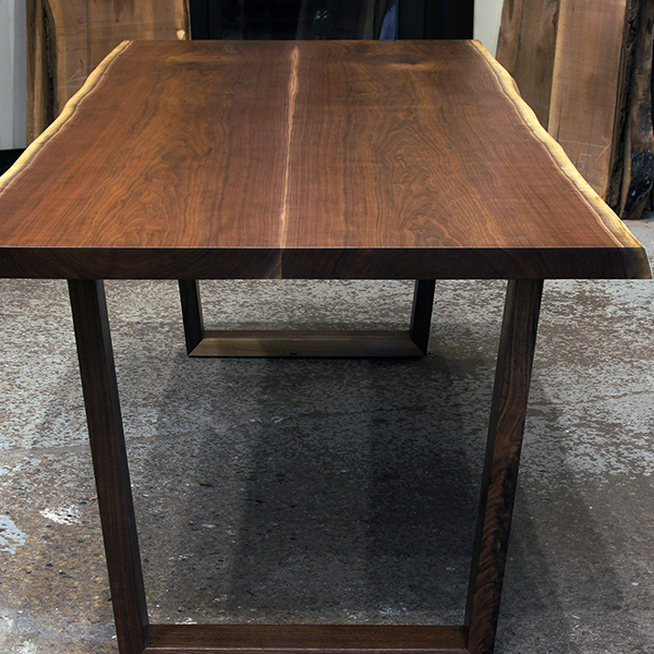 Book Matched Walnut Live Edge Dining Table with Solid Wood Trapezoid Legs for Chicago Client