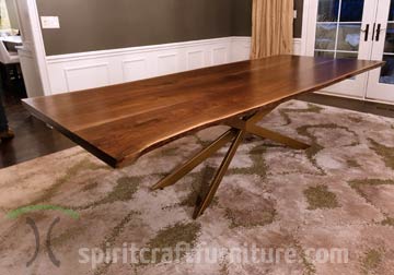 Custom Three Slab Live Edge Dining Table on Custom Spider Base, Powder-Coated in Spun Gold by Spiritcraft Furniture, East Dundee, IL