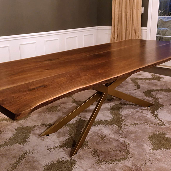 Custom Three Slab Live Edge Dining Table on Custom Spider Base, Powder-Coated in Spun Gold by Spiritcraft Furniture, East Dundee, IL