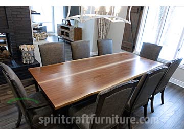 Black Walnut Book Matched Live Edge Dining Table with RH Yoder Bow River Leather Upholstered Chairs for Barrington Client from Spiritcraft Furniture, East Dundee, IL.