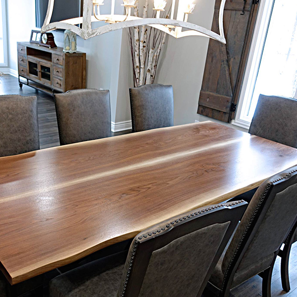Black Walnut Book Matched Live Edge Dining Table with RH Yoder Bow River Leather Upholstered Chairs for Barrington, Illinois Client